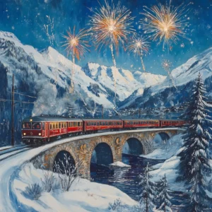 Glacier-Express Reise -Bernina Express auf Landwasserviadukt malerische Silvesterkulisse